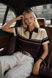 Polo Neck Striped Velvety Brown Knit Blouse