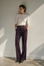 High-Waisted Textured Plum Velvet Trousers