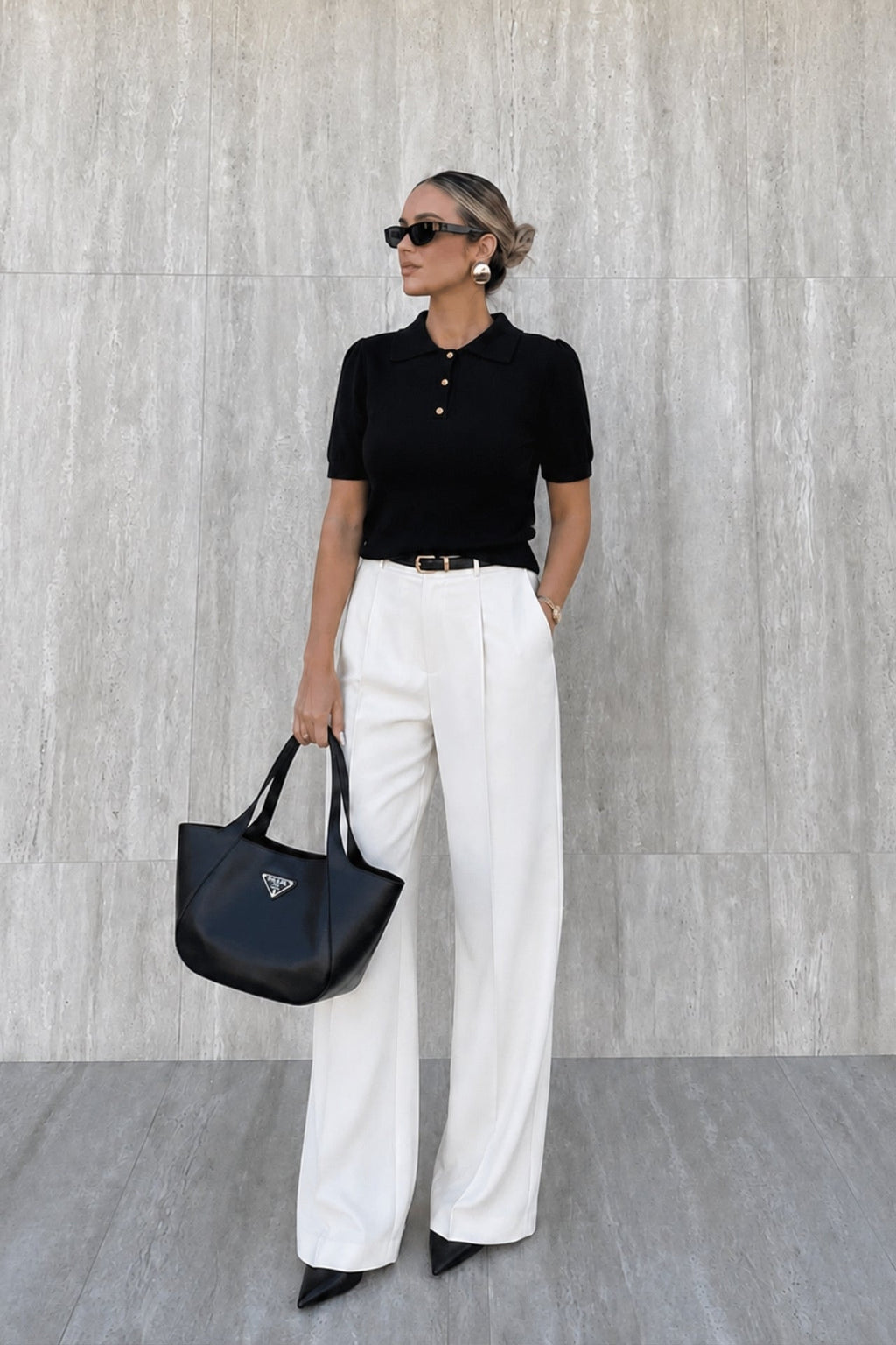 Polo Collar Gold Buttoned Black Blouse