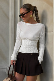 Gipe Detail Fitted Waist Boat-Neck White Blouse