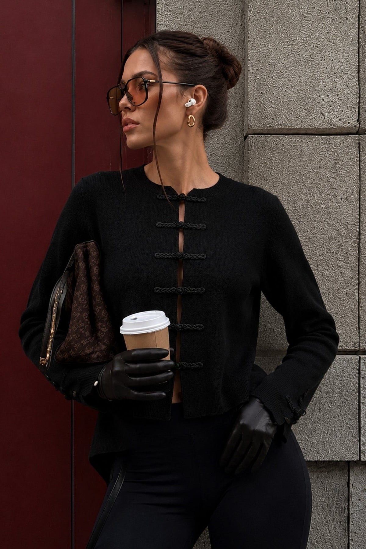 Accessory Detail Crew Neck Black Knit Cardigan