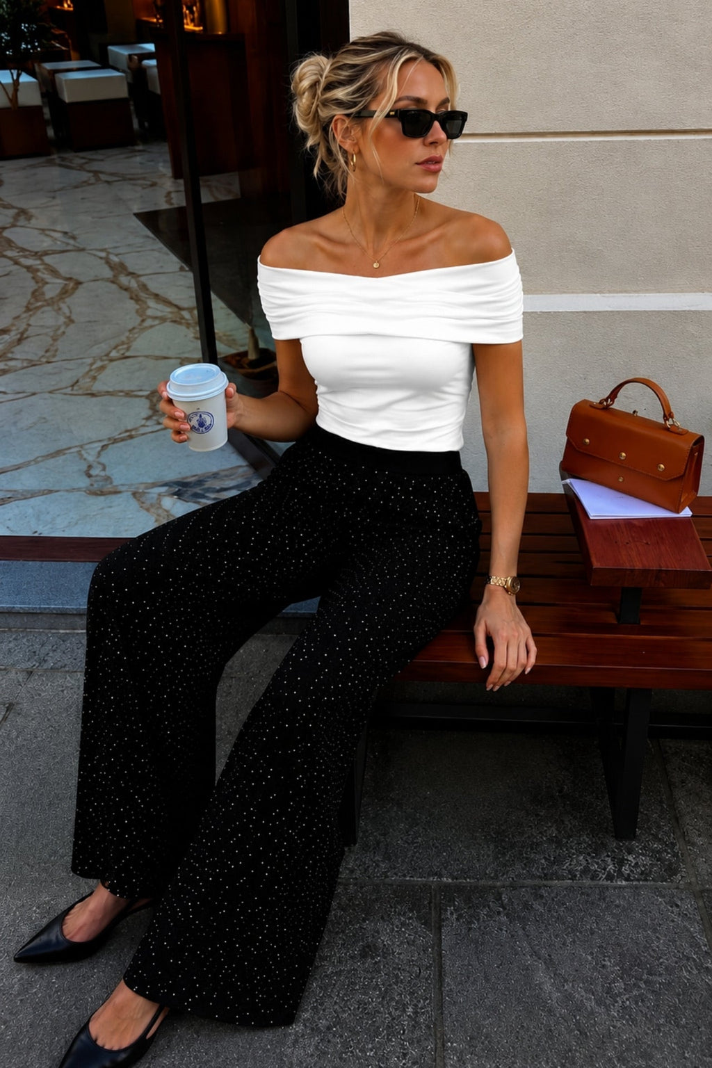Stone Embellished High-Waist Lastikli Black Pants