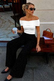 Black High-Waisted Elasticated Trousers with Stone Embellishment