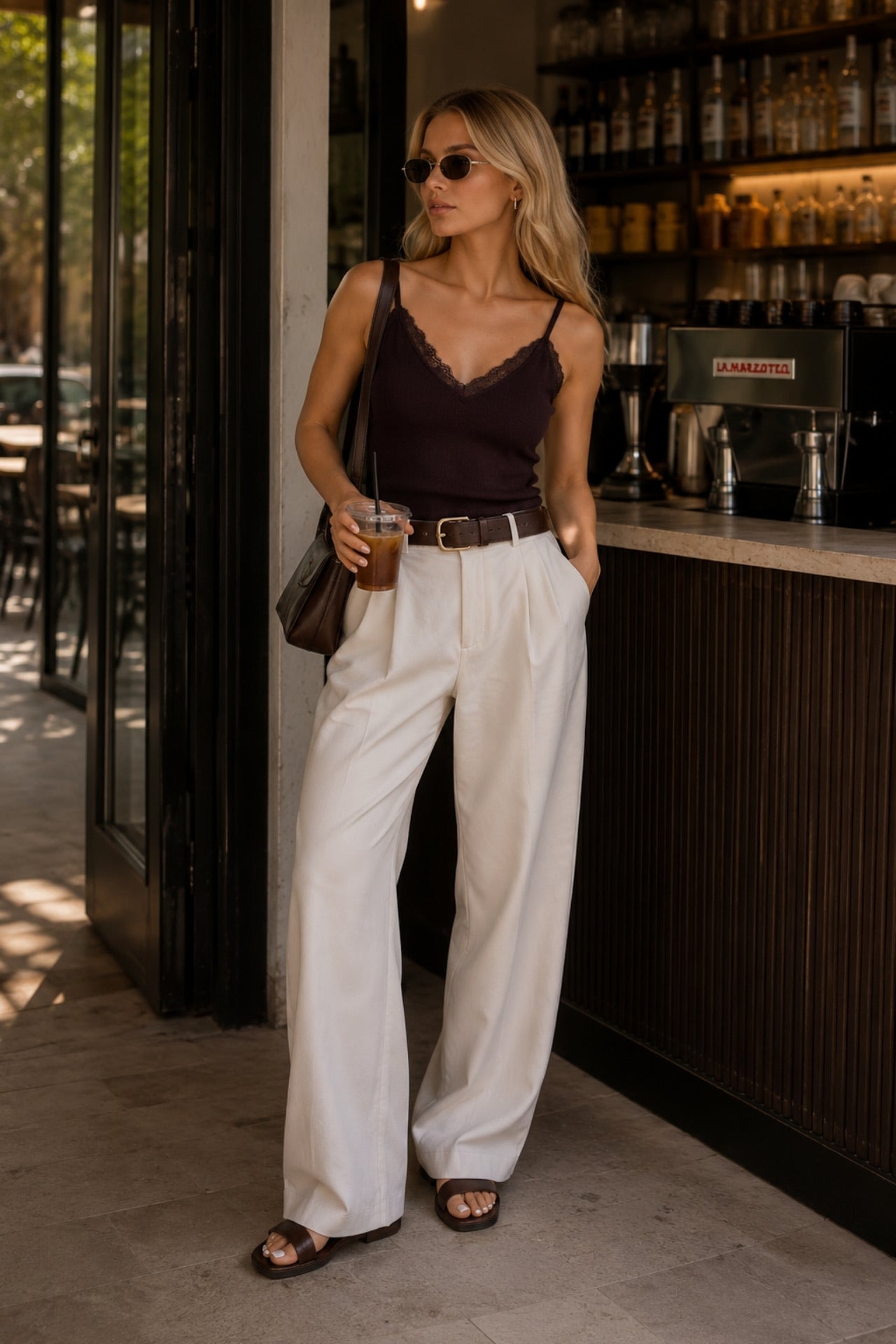 Brown Knitwear Blouse with Lace Detail Straps
