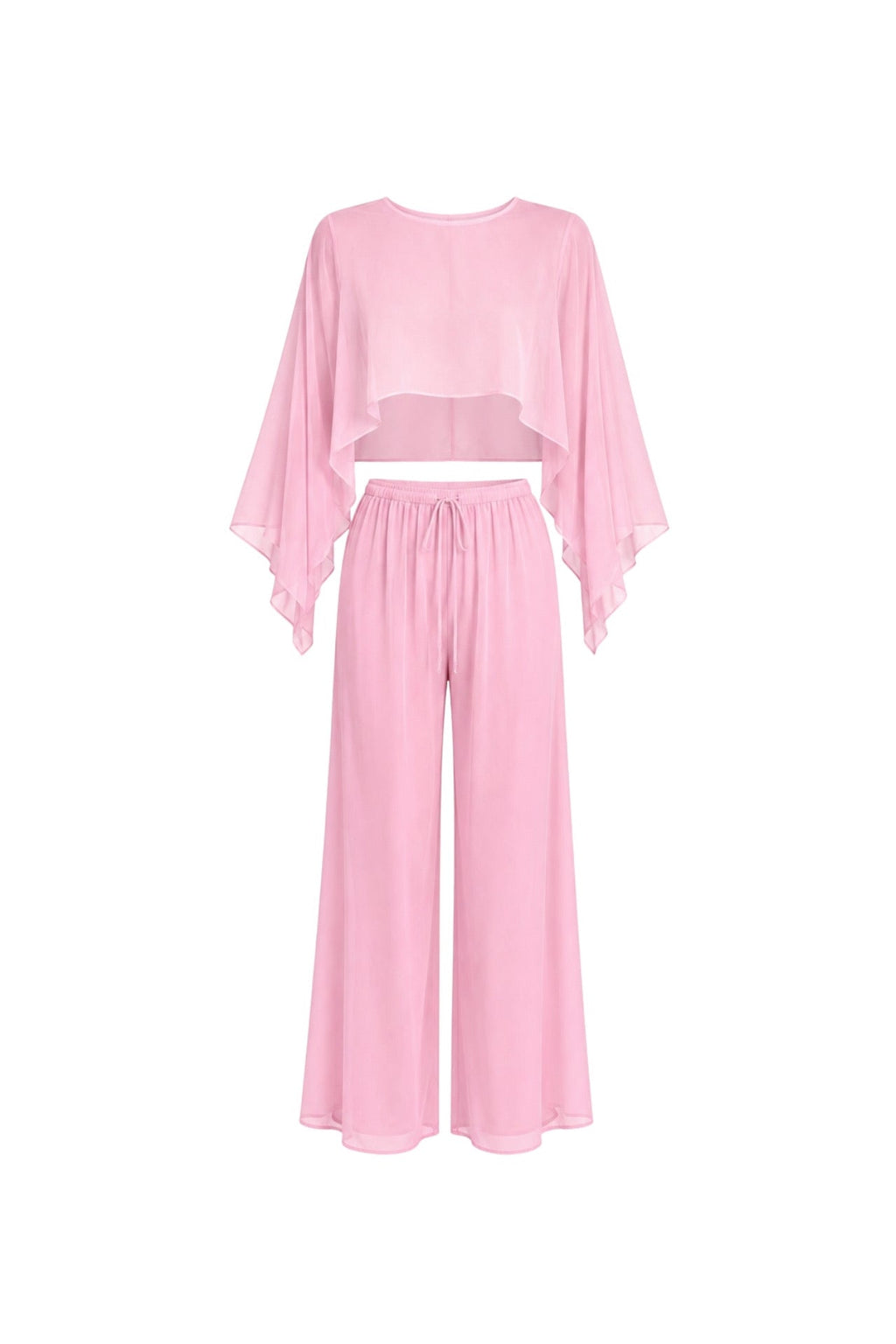 Wide Collar Crop Transparent Blouse High Waist Trousers Pink Two-piece Set
