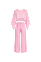 Wide Collar Crop Transparent Blouse High Waist Trousers Pink Two-piece Set