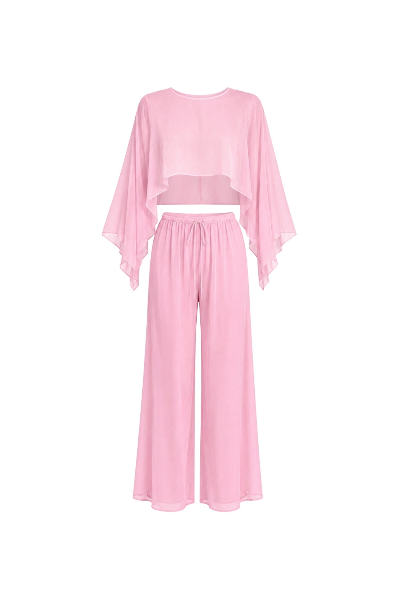 Wide Collar Crop Transparent Blouse High Waist Trousers Pink Two-piece Set