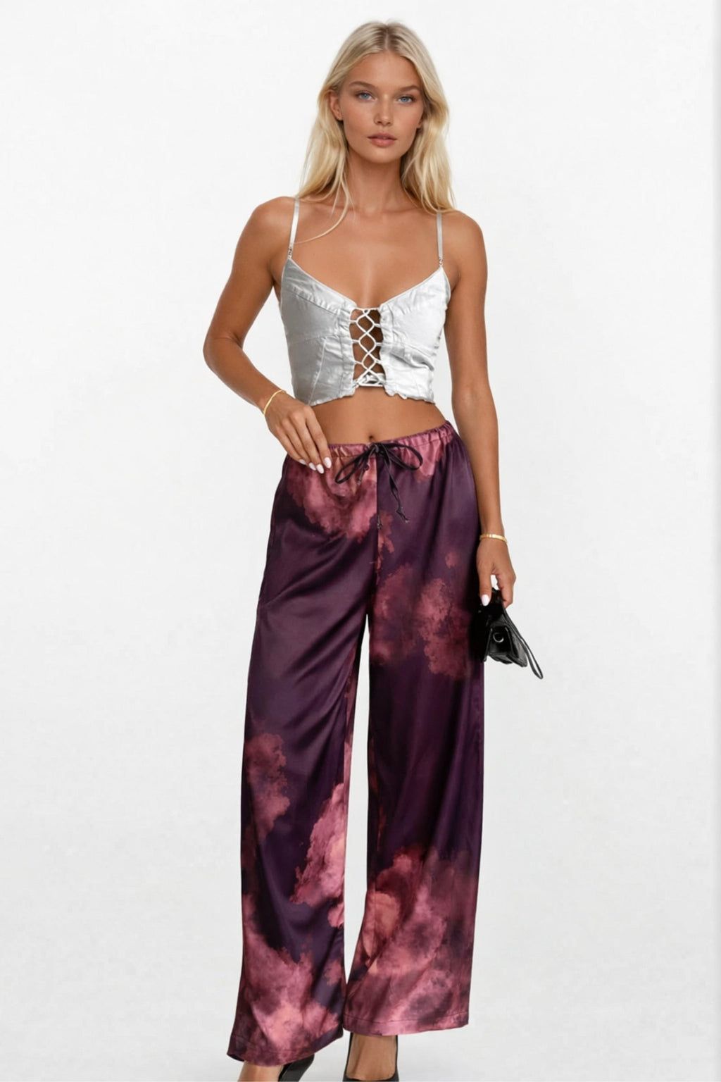 Elastic Waist Patterned Satin Burgundy Pants