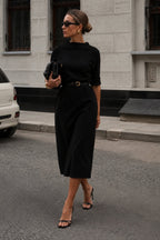 Stand-Collar Kemer Detail Maxi Black Elbise