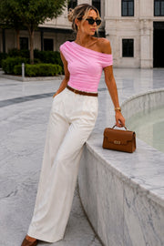 Pink Blouse with Waist-Defining Asymmetric Shoulder Detail