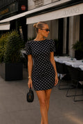 Shoulder Ruched Detail Polka Dot Pattern Black Mini Dress
