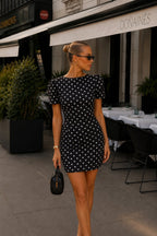 Shoulder Ruched Detail Polka Dot Pattern Black Mini Dress