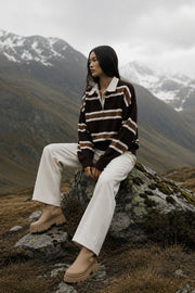 Striped Buttoned Polo Collar Beige Knit Blouse