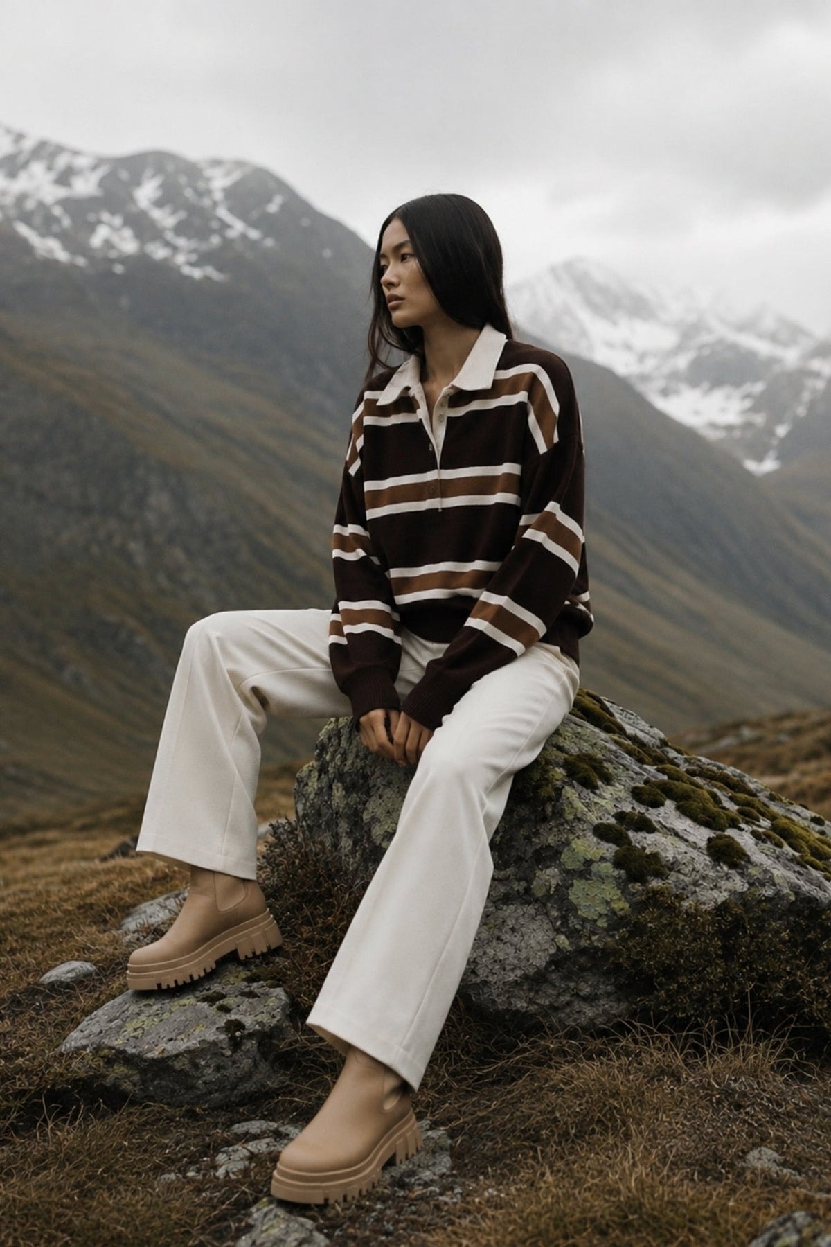 Striped Buttoned Polo Collar Beige Knit Blouse