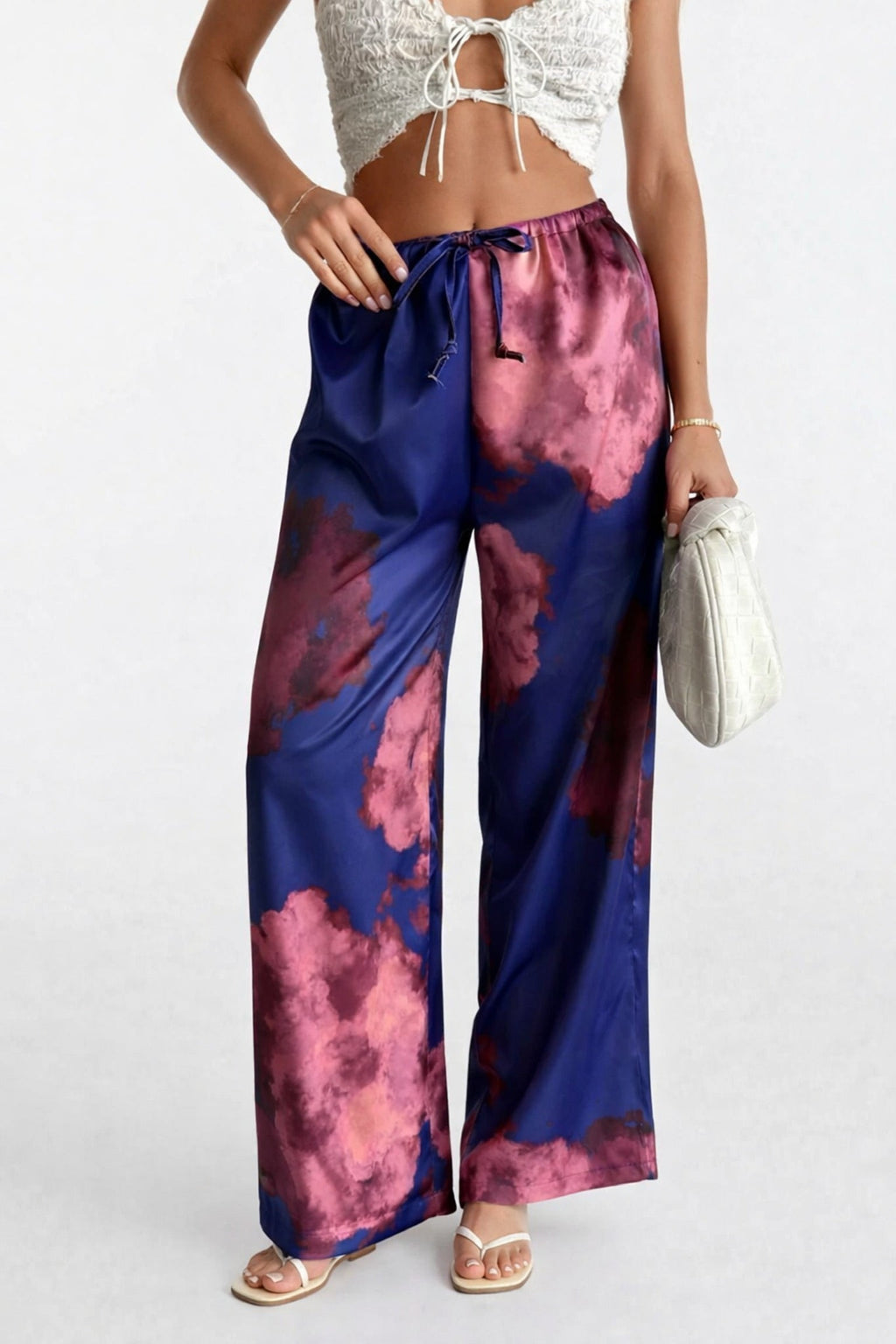 Elastic Waist Patterned Satin Navy Blue Pants