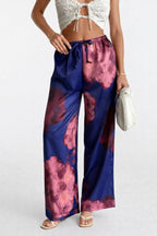 Elastic Waist Patterned Satin Navy Blue Pants