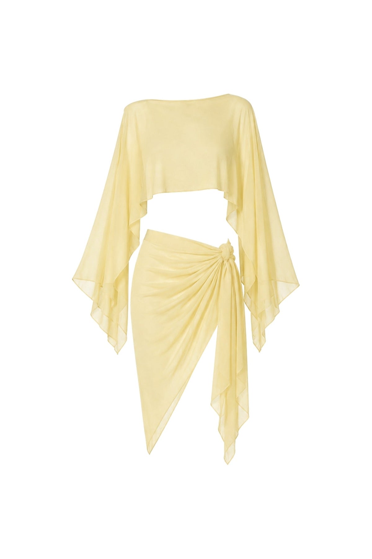Batwing Boat Neck Crop Blouse Tie-Waist Skirt Two-Piece Yellow Sheer Set