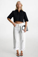 Pocket Detail Half Sleeve Crop Linen Black Shirt