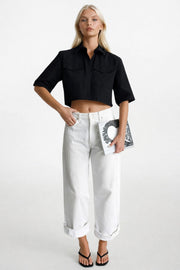 Pocket Detail Half Sleeve Crop Linen Black Shirt