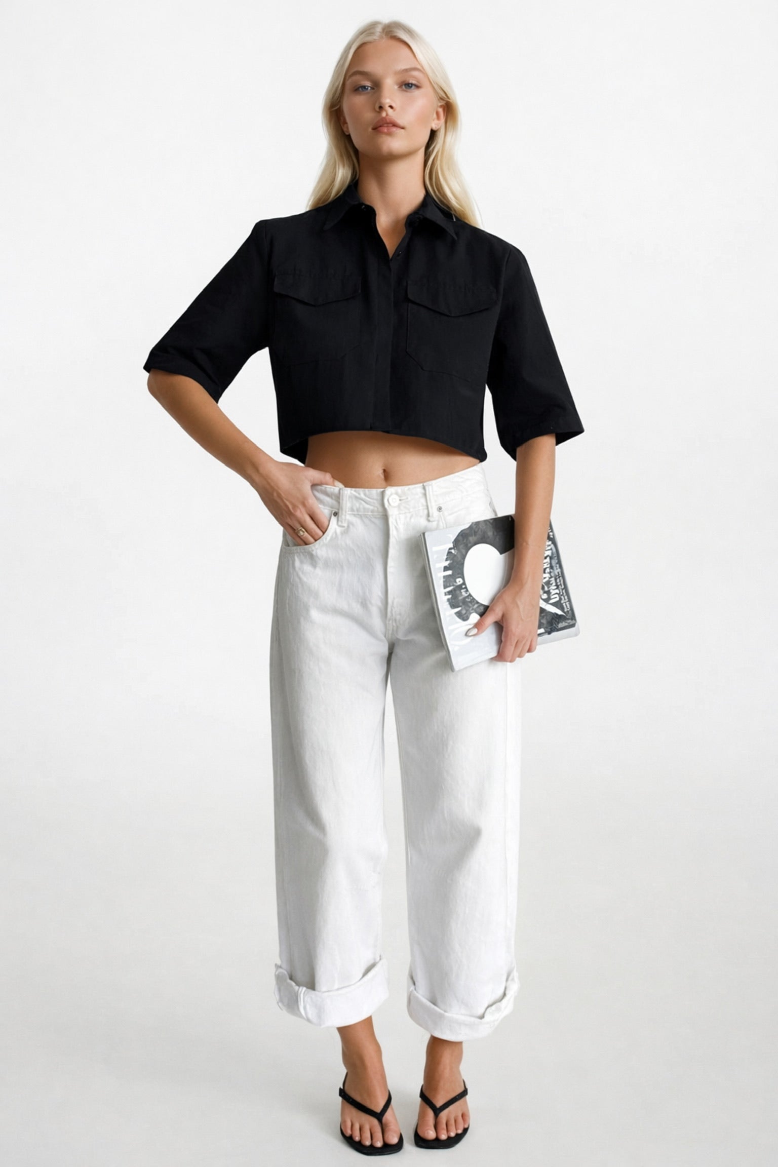Pocket Detail Half Sleeve Crop Linen Black Shirt