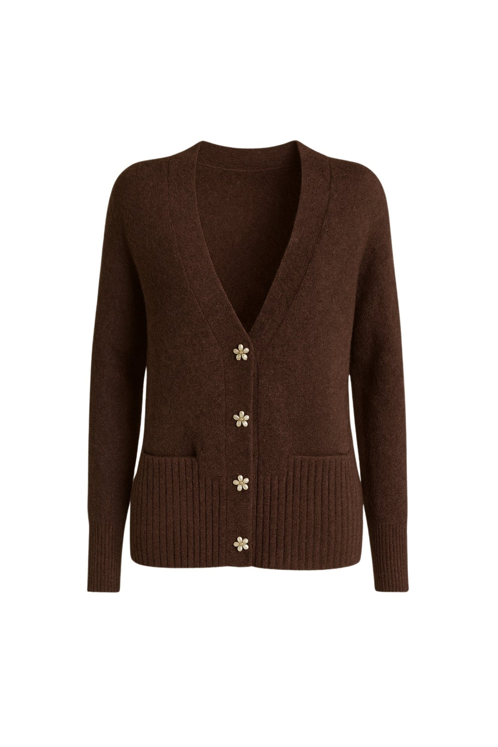 Accessory Detail V-Neck Brown Knit Cardigan