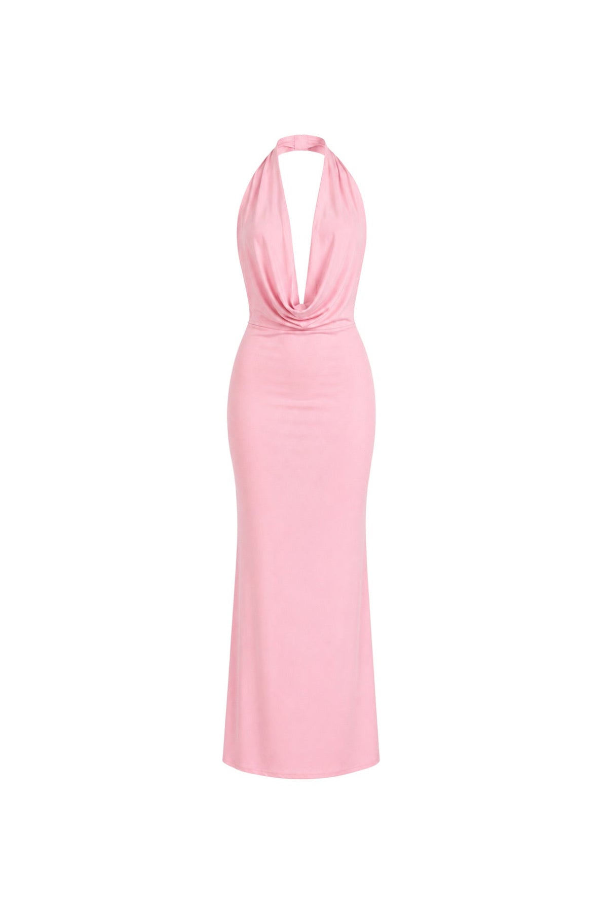 Shawl Collar Plunge Neck Maxi Pink Dress