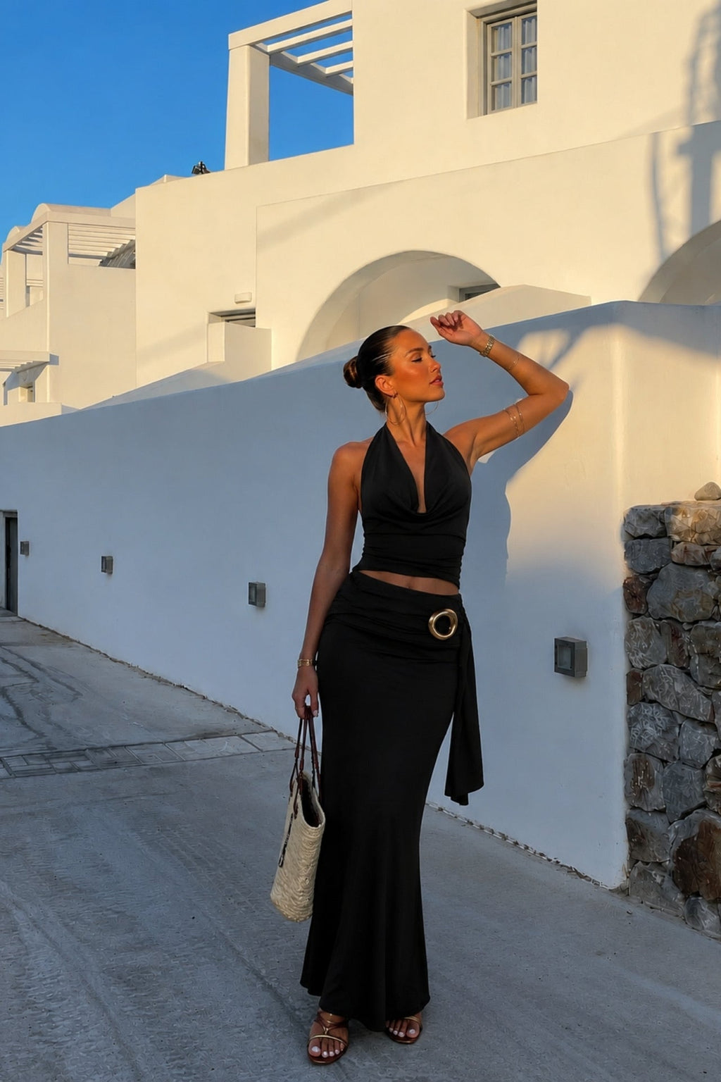 Cowl Neck Blouse Accessory Detail Maxi Skirt Two-Piece Black Set