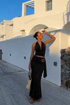 Cowl Neck Blouse Accessory Detail Maxi Skirt Two-Piece Black Set