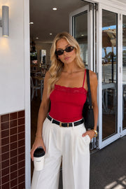 Red Knitted Blouse with Lace Detail Straps