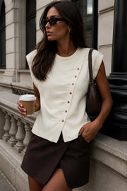 Asimetrik Button Detail Crew Neck Ecru Knit Blouse