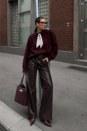 Fular Detail Textured Burgundy Knit Kazak
