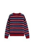 Crew Neck Striped Knit Burgundy Blouse