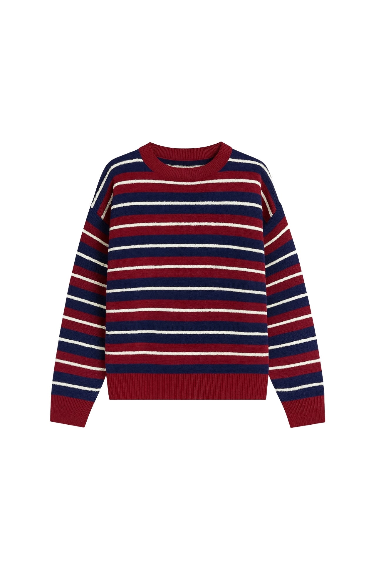 Crew Neck Striped Knit Burgundy Blouse