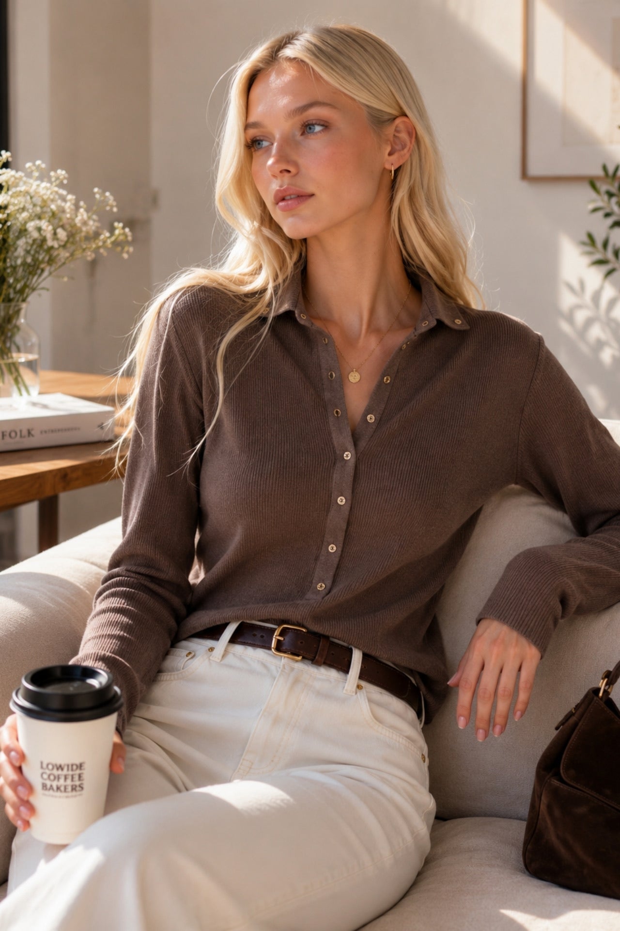 Polo Neck Snap-Up Mink Knitwear Blouse