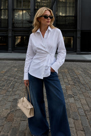 White Shirt with Asymmetrical Button Detail and Cinched Waist