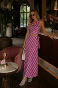 Pink Plaid Pattern Cowl Neck Blouse Tie Detail Skirt İkili Set