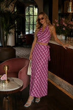 Pink Plaid Pattern Cowl Neck Blouse Tie Detail Skirt İkili Set
