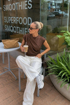 Ruched Shoulder Sleeveless Brown Blouse