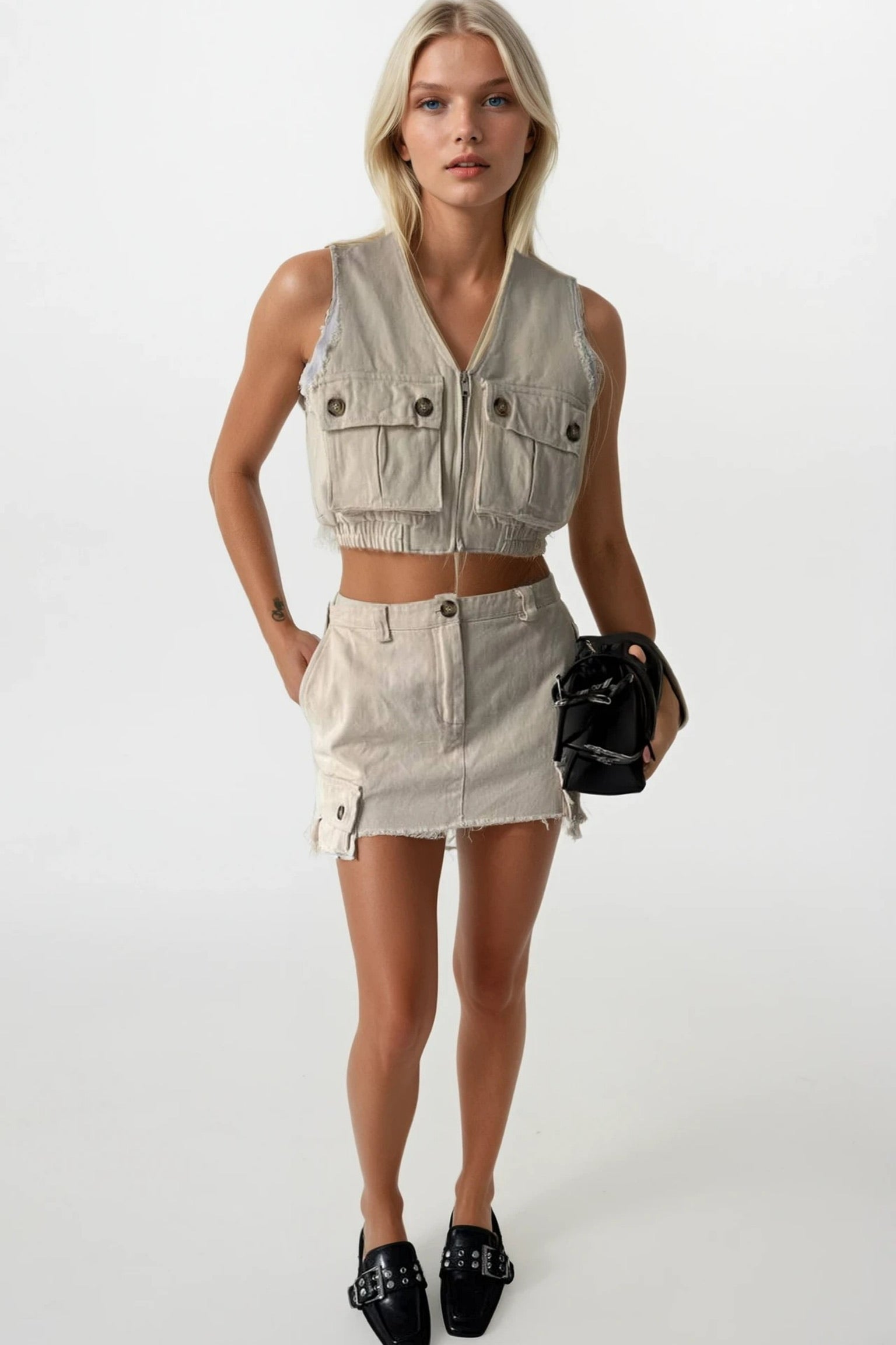 High Waist Lined Buttoned Mini Stone Skirt