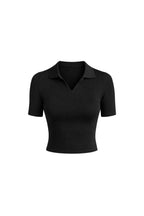 Polo Collar Black Knit Crop Blouse