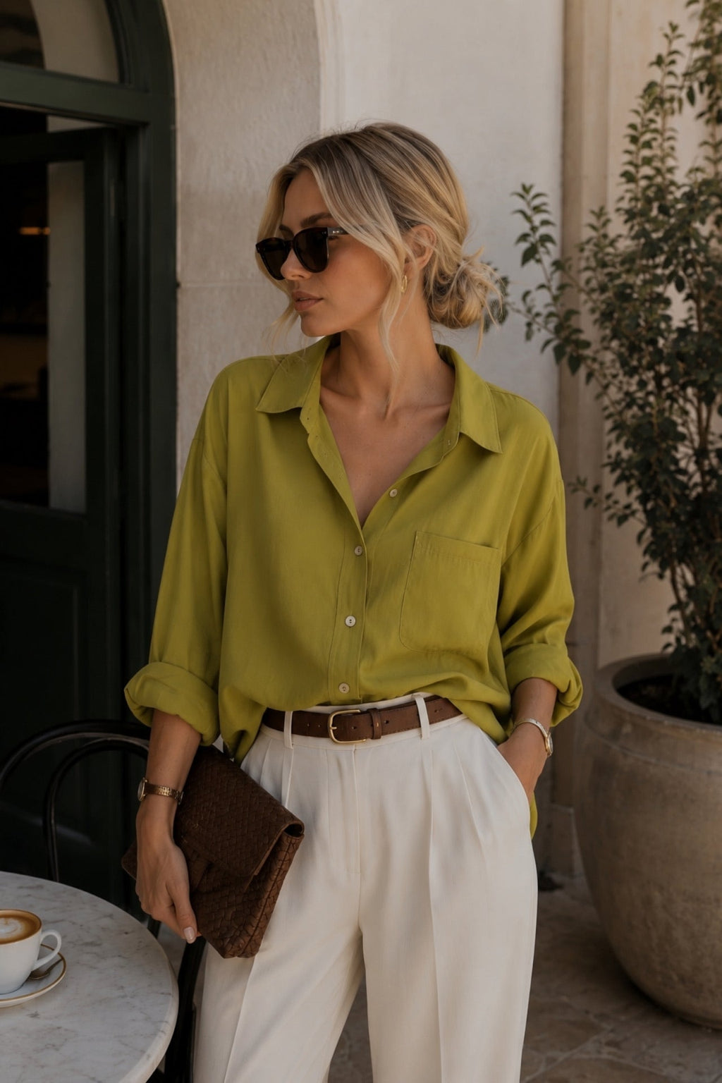 Pocket Detail Basic Oversized Green Shirt