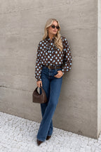 Polka Dot Pattern Scarf Detail Brown Shirt
