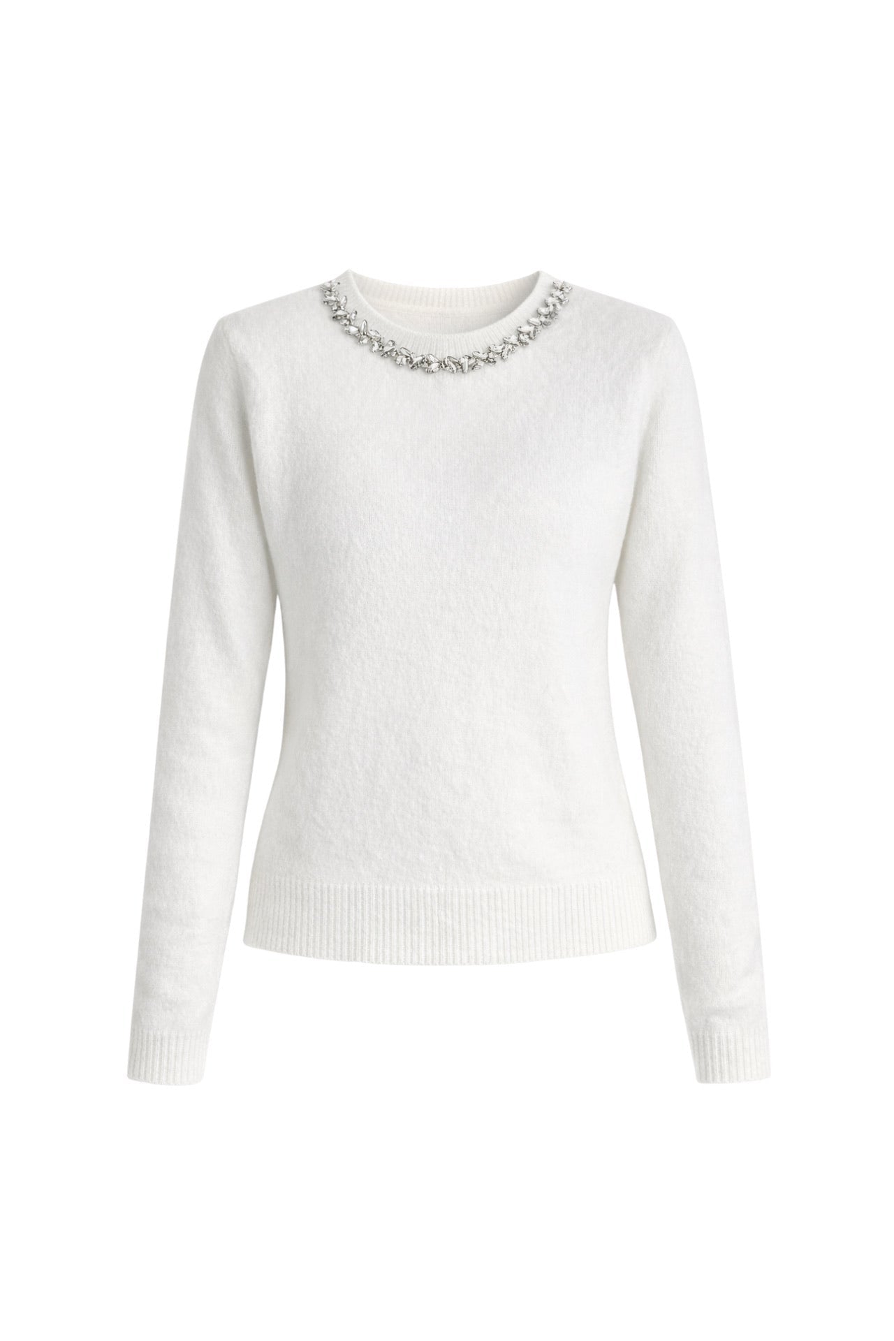 Stone-Embellished Collar Ecru Knit Sweater