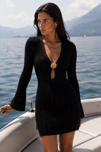 Accessory Detail Ruffle Sleeve Black Knit Dress