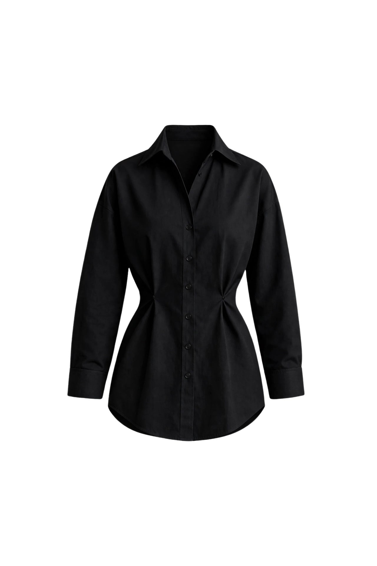 Button Detail Waist-Fitted Black Shirt