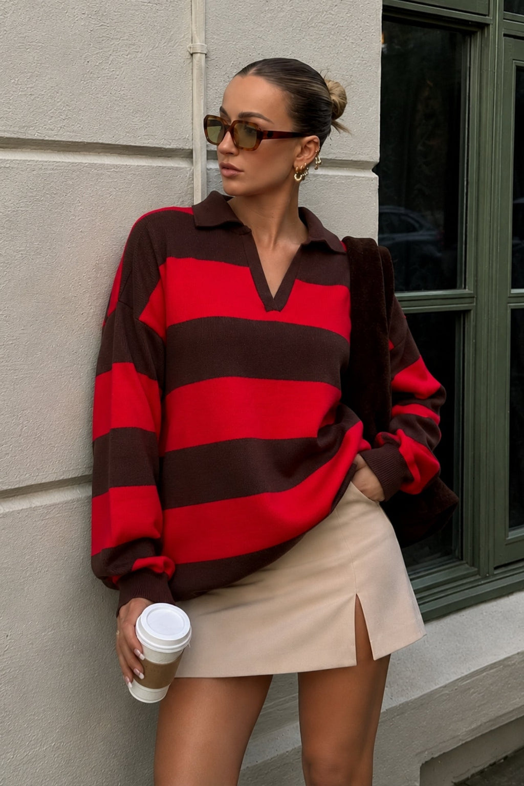 Striped Polo Collar Brown Knit Kazak