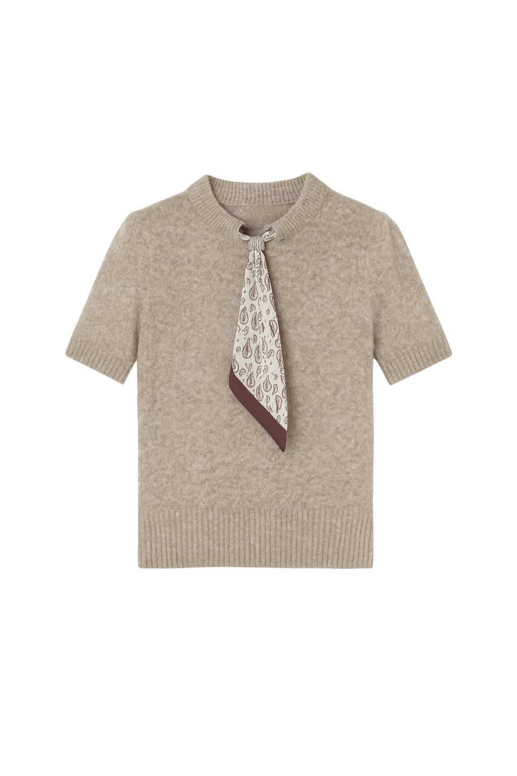 Scarf Detail Half Sleeve Beige Knit Blouse