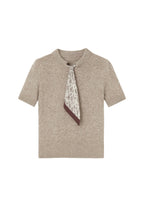 Scarf Detail Half Sleeve Beige Knit Blouse