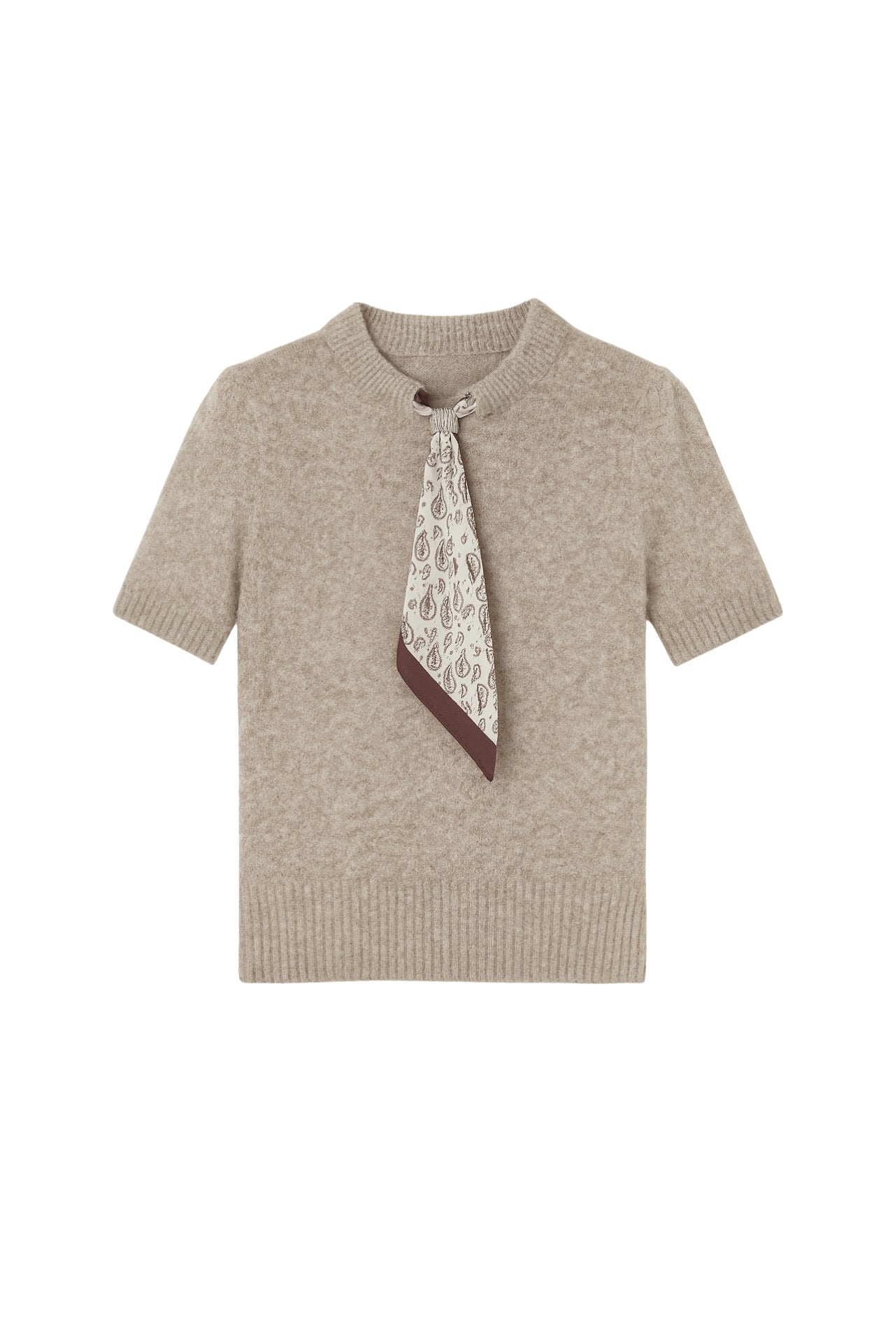 Scarf Detail Half Sleeve Beige Knit Blouse