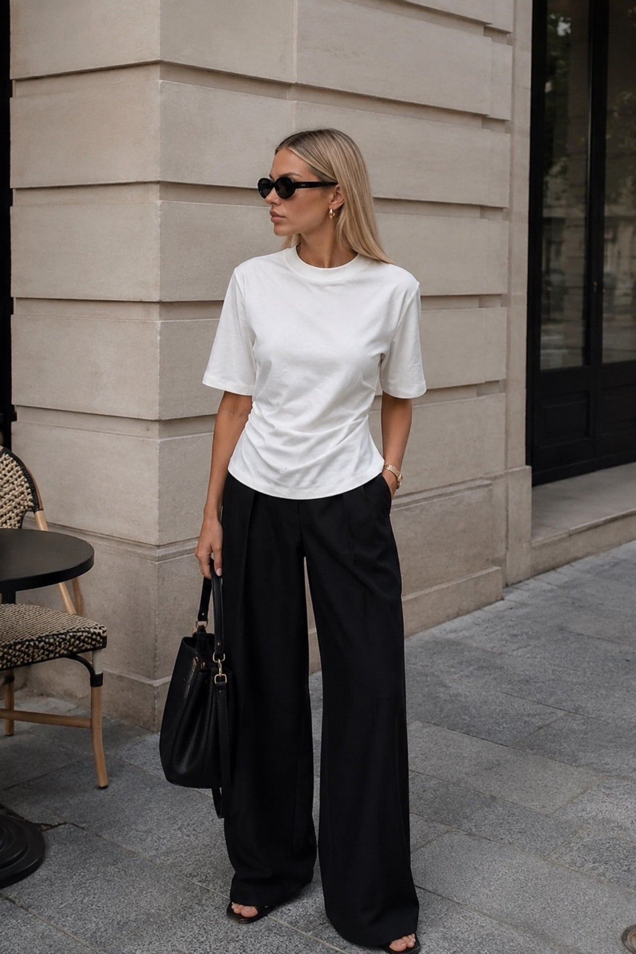Waist Ruched Basic White T-Shirt